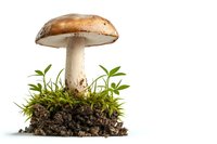 Fresh brown mushroom growing in soil with green plants and moss, isolated on white background for nature and food concepts.