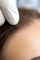 Close-up view of medical examination or treatment procedure showing gloved hand examining scalp and hair follicles, highlighting dermatological or trichological care.