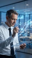 Mature Caucasian businessman analyzing digital growth charts on tablet in modern office environment with holographic data visualization overlay.