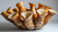 Organic sculptural ceramic bowl with multiple curved openings resembling natural forms, handcrafted in earthy brown and cream tones against neutral background.