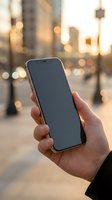 Hand holding smartphone with blank screen in urban city street with blurred bokeh lights background during golden hour sunset for mobile app mockup design.