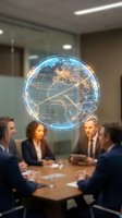 Holographic globe projection displays global network connections above diverse business team meeting in modern conference room for international strategy planning.