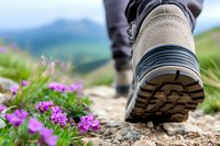 Close-up of hiking boot sole on mountain trail with purple wildflowers blooming alongside, mountains in blurred background, active outdoor lifestyle concept.