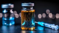 Medical vial with golden liquid and blue illumination on dark background with syringe and bokeh lights, pharmaceutical research concept.