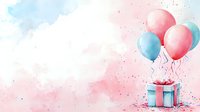 Pink and blue balloons floating above wrapped gift box with ribbon on dreamy watercolor background with sparkles and confetti, festive celebration design.