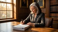 Senior woman with gray hair and fair complexion, wearing professional black blazer, signing documents at wooden desk in elegant library office with bookshelves and natural light from window.