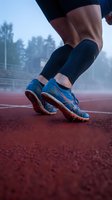 Close-up of athlete legs in blue track spikes on red running track at misty stadium, ready to sprint at dawn.