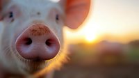 Close-up of pink pig snout with wet nose and whiskers against golden sunset background, creating warm atmospheric farm scene with natural bokeh effect.
