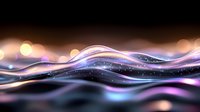 Glowing abstract waves with purple and blue light trails on dark background, flowing energy lines with bokeh effect and sparkles create dynamic motion.