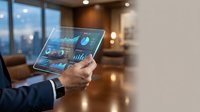 Businessman holding transparent tablet displaying digital analytics dashboard with charts and data visualization in modern office environment.