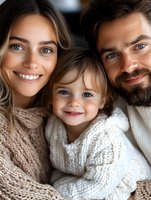 Happy family portrait with parents and young child wearing cozy knit sweaters, showing genuine smiles and warm expressions against blurred background.