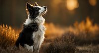 Border collie dog sitting in golden autumn field at sunset, looking up attentively with alert expression against warm bokeh background.