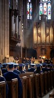 Graduation ceremony in gothic cathedral with students in caps and gowns seated in wooden pews beneath stained glass windows and ornate pipe organ.