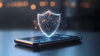 Glowing digital shield hovering over smartphone with binary code and sparkles, representing mobile security and data protection in dark blue atmosphere.