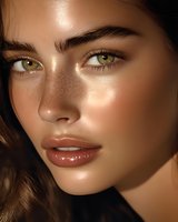 Close-up portrait of young woman with freckles, glowing skin, and striking green eyes in dramatic lighting showing natural beauty makeup and glossy lips.