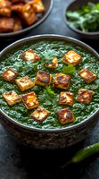 Palak paneer curry with crispy golden cheese cubes floating in creamy spinach sauce, garnished with fresh cilantro leaves and green chilies, served in dark bowl.