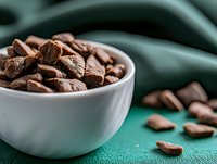 Chocolate cereal pieces in white bowl on teal surface with scattered pieces, breakfast food styling for culinary and nutrition content.