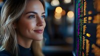 Young blonde woman software developer smiling while working with colorful code on computer screen in modern office environment with warm bokeh lights.