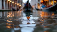 Heart-shaped leaf floating on Venice canal water with gondola and warm evening lights creating romantic ripples and reflections in historic waterway.