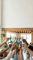 Diverse group of people holding colorful paper cutout figures and globe together, symbolizing global unity, teamwork, and community cooperation in modern office environment.