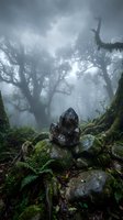 Mystical smoky quartz crystal formation on moss-covered rocks in foggy ancient forest with dramatic atmospheric lighting and ethereal mist.