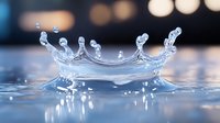 Crown-shaped water splash with delicate droplets creating symmetrical formation against blurred bokeh background, captured in high-speed macro photography.