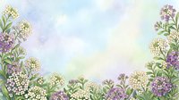 Watercolor floral border with white and purple blooms on a soft pastel background, perfect for greeting cards, invitations, and spring designs.