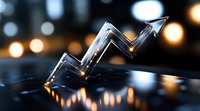 Metallic arrow chart trending upward with glowing bokeh lights in background, representing financial growth and market success on dark reflective surface.