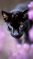 Close-up portrait of black cat with bright blue eyes against soft purple floral background, creating mysterious and enchanting atmosphere for pet photography and nature themes.