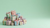 Colorful wrapped gift boxes stacked in pyramid arrangement on mint green background, suitable for holiday, birthday, and celebration marketing materials.