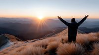 Male hiker celebrating sunrise on mountain peak with arms raised, golden light rays over layered hills and valleys, freedom and achievement concept.
