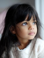 Young Asian girl with long dark hair and expressive brown eyes wearing white sweater looking up thoughtfully near window in soft natural light.