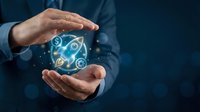 Businessman hands protecting digital globe with technology icons representing global business security and data protection in corporate environment.