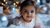 Smiling toddler girl in white lace dress against blurred holiday lights background, creating magical festive atmosphere with soft bokeh effect and warm tones.