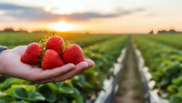 Fresh ripe strawberries in farmer's hand at sunset over agricultural field rows. Organic fruit harvest concept for healthy eating and farming.