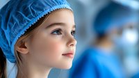 Young Caucasian girl wearing blue surgical cap in medical setting, looking up with hopeful expression. Blurred hospital background with medical staff. Healthcare concept.