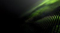 Abstract green glowing dots pattern on black background creates dynamic wave effect with depth and movement, suitable for technology and digital concepts.