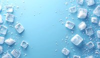 Refreshing ice cubes with water droplets scattered on bright blue background, creating cool summer drink concept for beverage advertising.