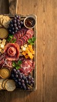 Gourmet charcuterie board with cured meats, cheese cubes, grapes and crackers on rustic wooden background for entertaining and appetizer presentations.