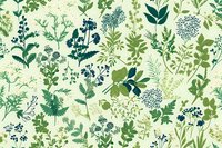 Elegant botanical pattern with wild herbs and flowers in green and blue tones on light background, perfect for fabric, wallpaper, and surface design projects.