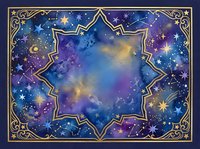 Watercolor celestial card with gold star frame, galaxy nebula background, constellations, and cosmic night sky in deep blue and purple tones.