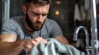 Young bearded Caucasian man in grey t-shirt cleaning kitchen counter with cloth, focused on household chores in modern home interior with chrome faucet in background.