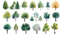 Watercolor collection of various trees in green and yellow tones, showing different shapes and seasonal variations for landscape design.
