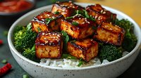 Glazed tofu cubes with sticky sweet and savory sauce served on white rice with steamed broccoli florets, garnished with fresh herbs and chili flakes in ceramic bowl.