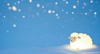 Cute white sheep resting on snowy ground with glowing bokeh lights falling from blue winter sky, perfect for holiday greeting cards and seasonal designs.