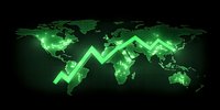 Glowing green line chart overlaid on world map showing global market trends and economic growth indicators against dark background for financial presentations.