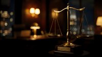 Golden scales of justice on wooden desk in warm law office with blurred background lights creating professional legal atmosphere for attorney services.
