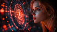 Young woman with blonde hair looking at futuristic holographic interface with glowing red circular patterns against dark background, cyberpunk style digital art concept.