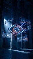 Futuristic digital eye hologram with data visualization screens floating in dark tech environment for cybersecurity and AI monitoring applications.