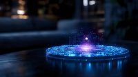 Futuristic hologram projection with glowing blue circular patterns and purple light beam emanating from center on dark surface, creating sci-fi atmosphere.